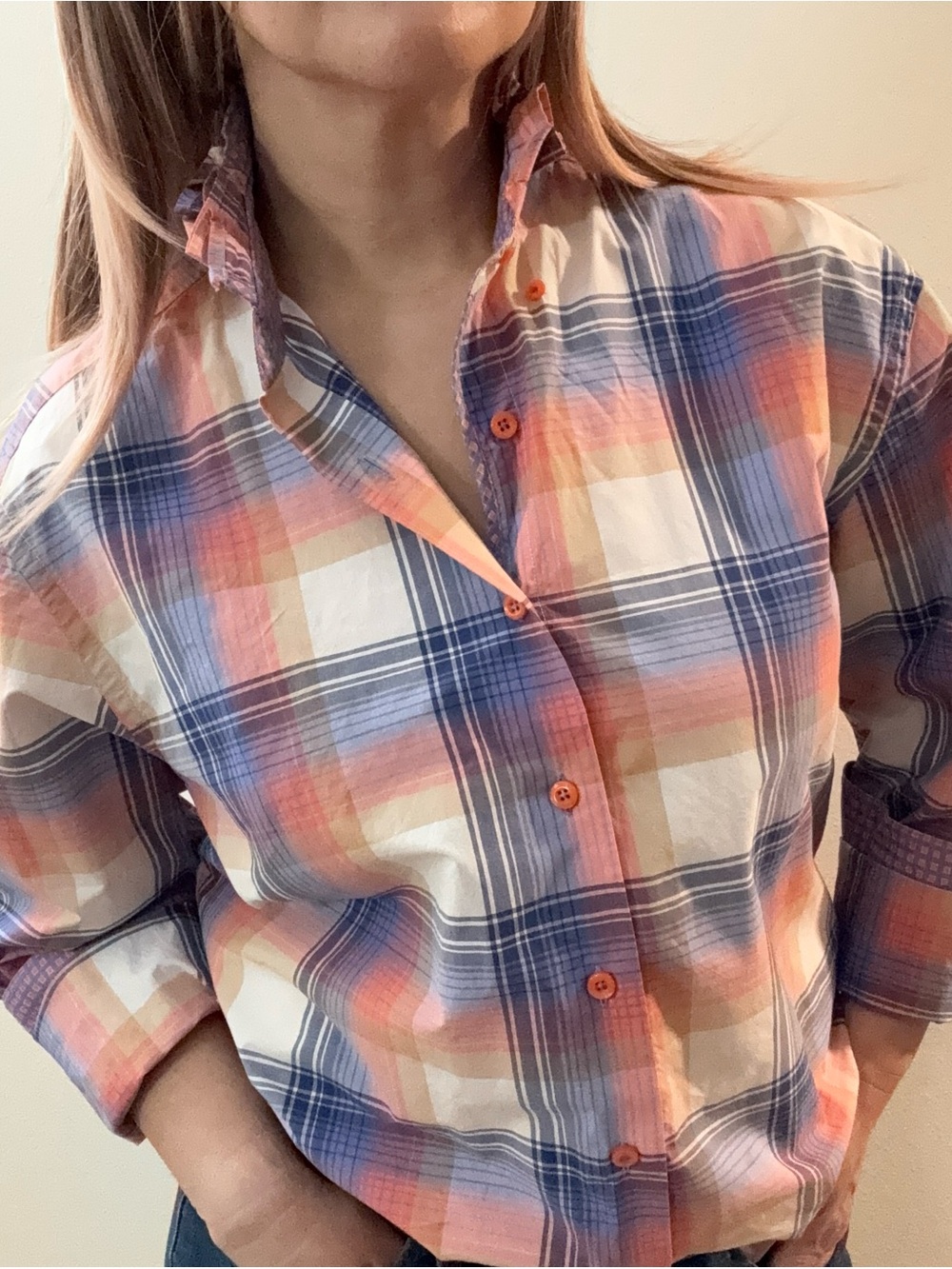 Upcycled ruffle collar shirt, blue/orange